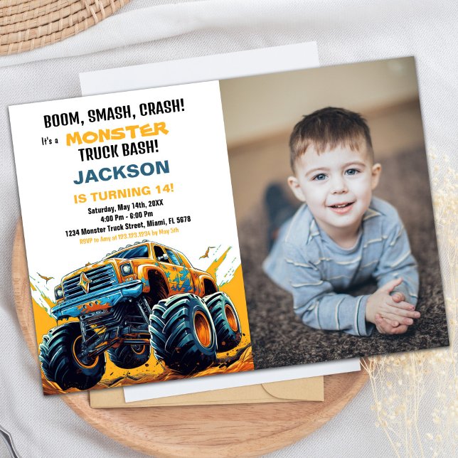 Naranja Monster Truck Invitaciones de cumpleaños F (Orange Monster Truck Birthday Invitations Photo)