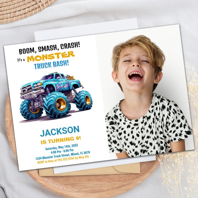 Naranja Monster Truck Invitaciones de cumpleaños F (Orange Monster Truck Birthday Invitations Photo)