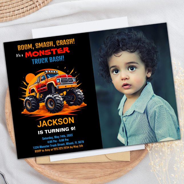 Naranja Monster Truck Invitaciones de cumpleaños F (Orange Monster Truck Birthday Invitations Photo)