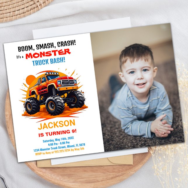 Naranja Monster Truck Invitaciones de cumpleaños F (Orange Monster Truck Birthday Invitations Photo)