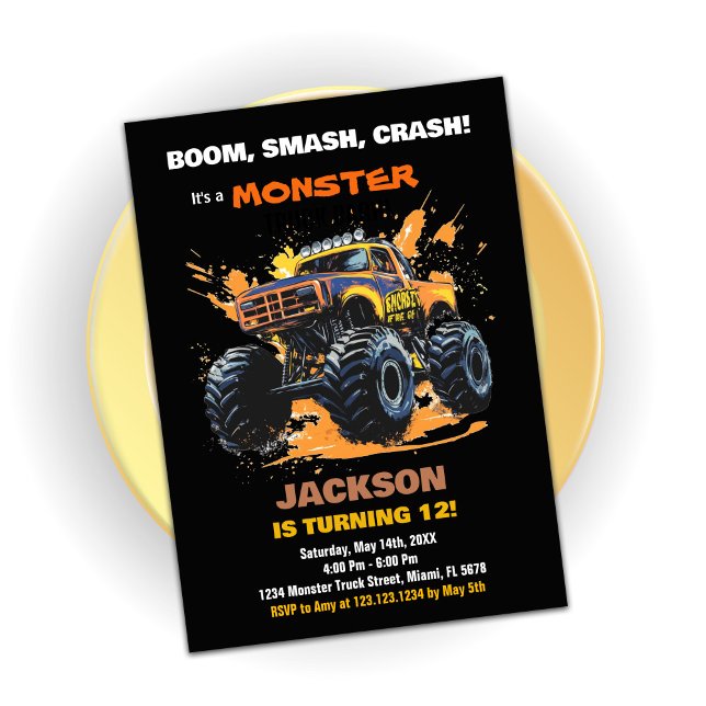 Naranja Monster Truck Invitaciones de cumpleaños N (Orange Monster Truck Birthday Invitations Black)