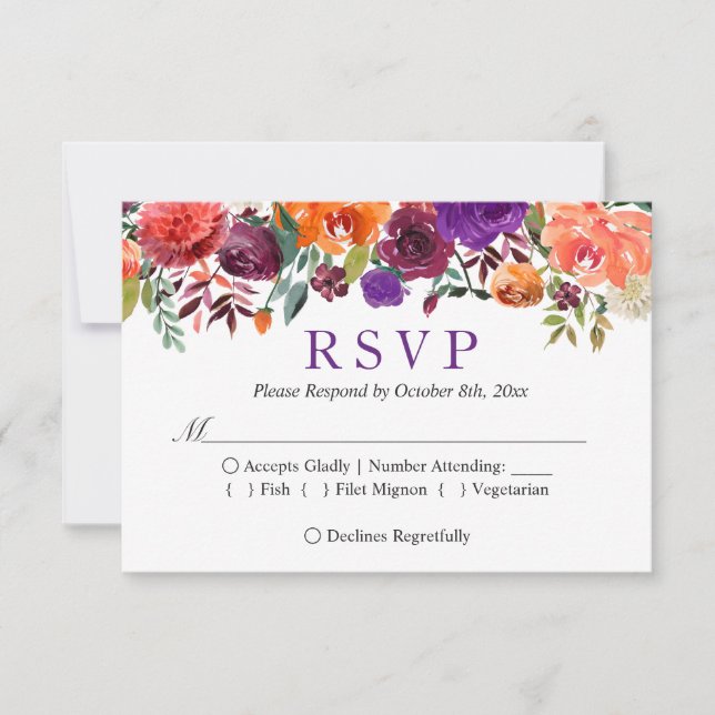 Naranja morado Burgundy Floral Fall Wedding RSVP (Anverso)