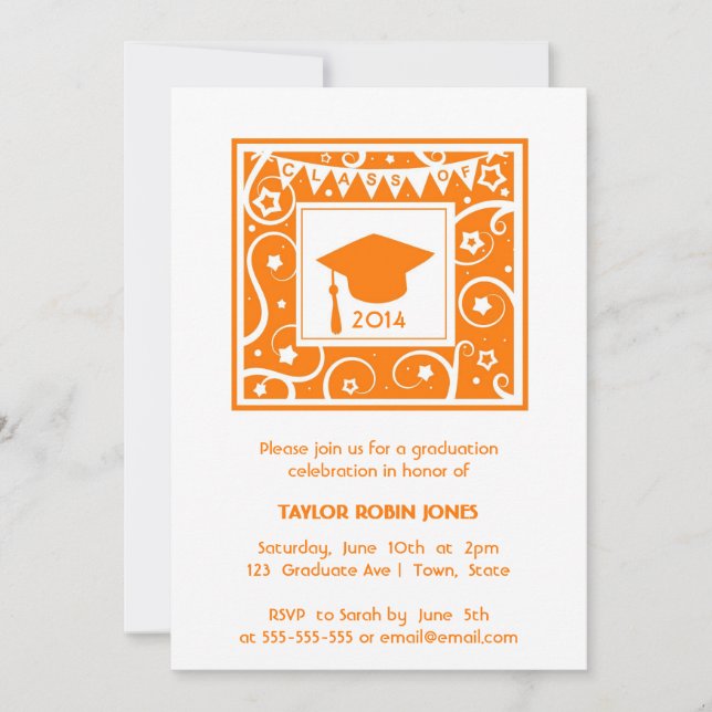 Naranja Mortarboard Invitaciones a graduación mode (Anverso)