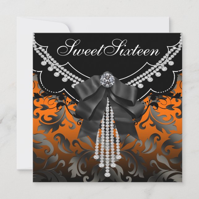 Naranja negro Damask Sweet Dieciséis invitaciones  (Anverso)