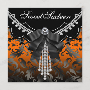 Naranja negro Damask Sweet Dieciséis invitaciones