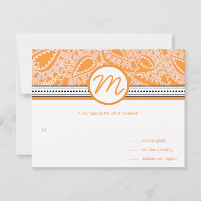 Naranja Paisley Wedding RSVP con puntos (Anverso)