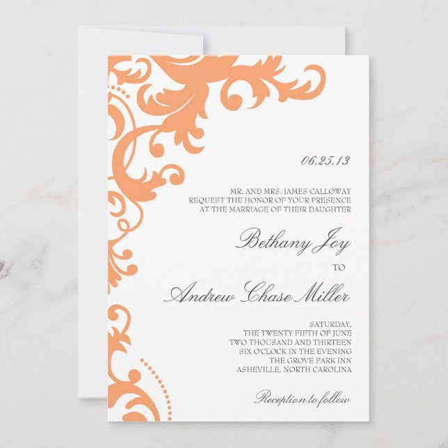 Naranja Peach Elegant Damask Invitación a la boda (Anverso)