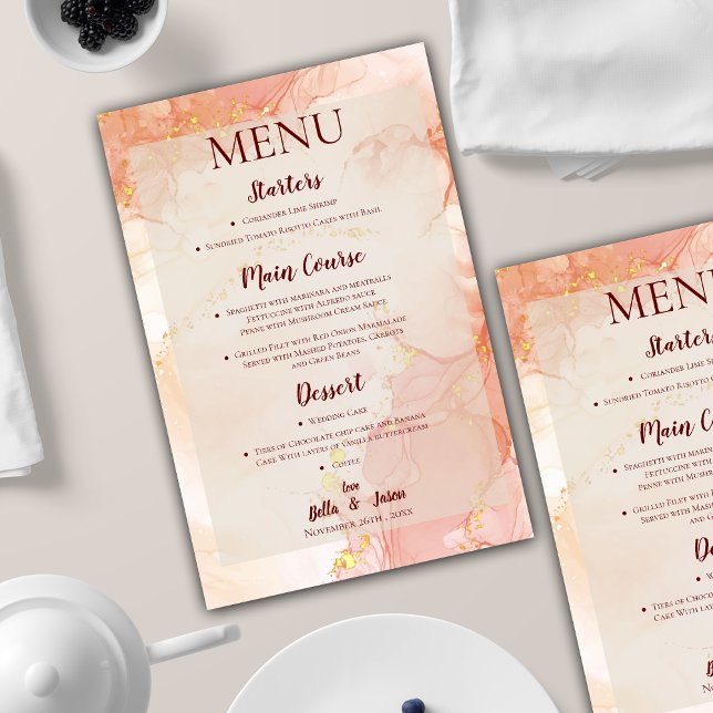Naranja Peach Gold Marble Wedding Party Menú (Pretty Orange Peach Gold Marble Wedding Party Menu)