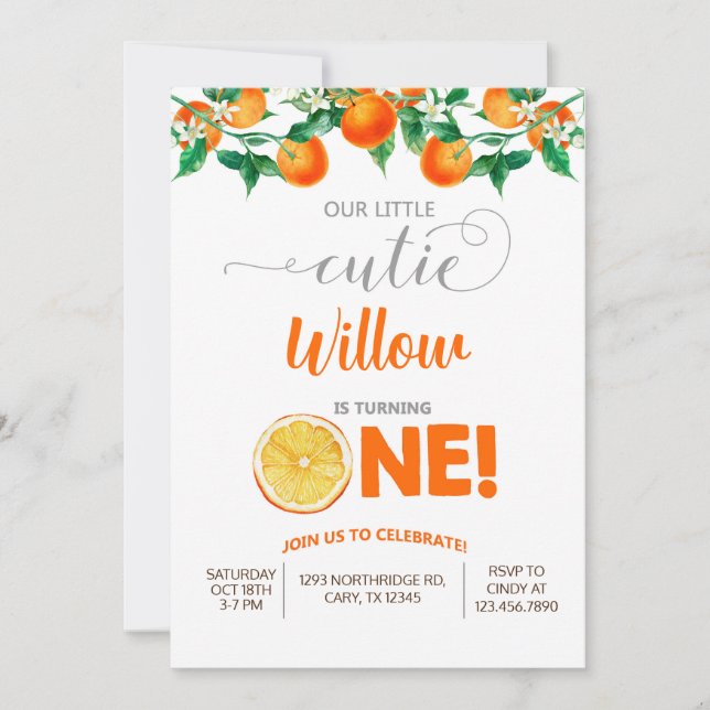 Naranja pequeña invitación de cumpleaños chica. (Anverso)