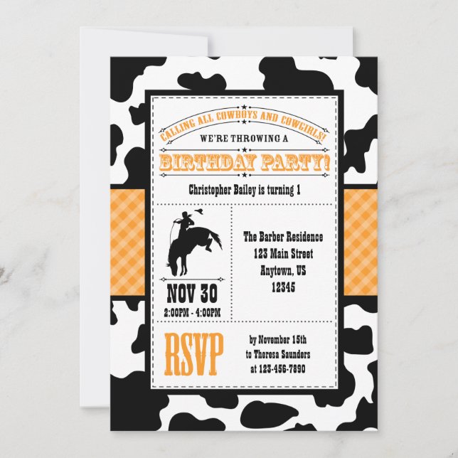 Naranja Piel de vaca Cowboy Invitación al cumpleañ (Anverso)