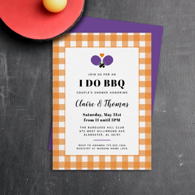 Naranja Plaid I Do BBQ Ping Pong Invitación (preppy orange, purple and white gingham plaid country club I Do BBQ invitation)