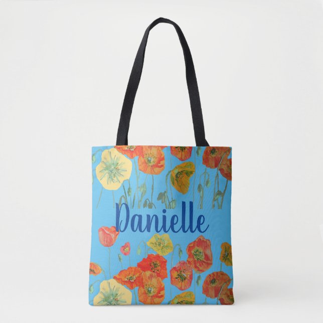 Naranja Poppies azul Floral Chica Nombre Bolsa (Anverso)