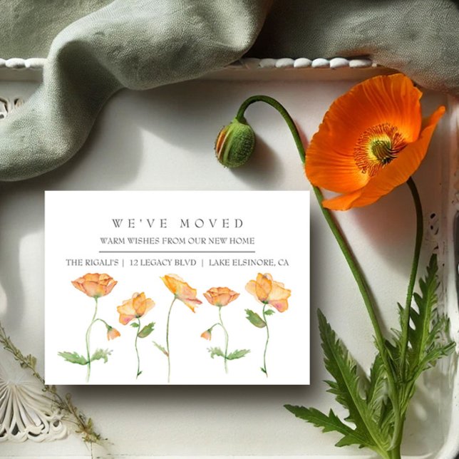 Naranja Poppies Nueva Invitación de mudanza a domi (New address business cards watercolor orange poppy art by Victoria Grigaliunas VG Invites)