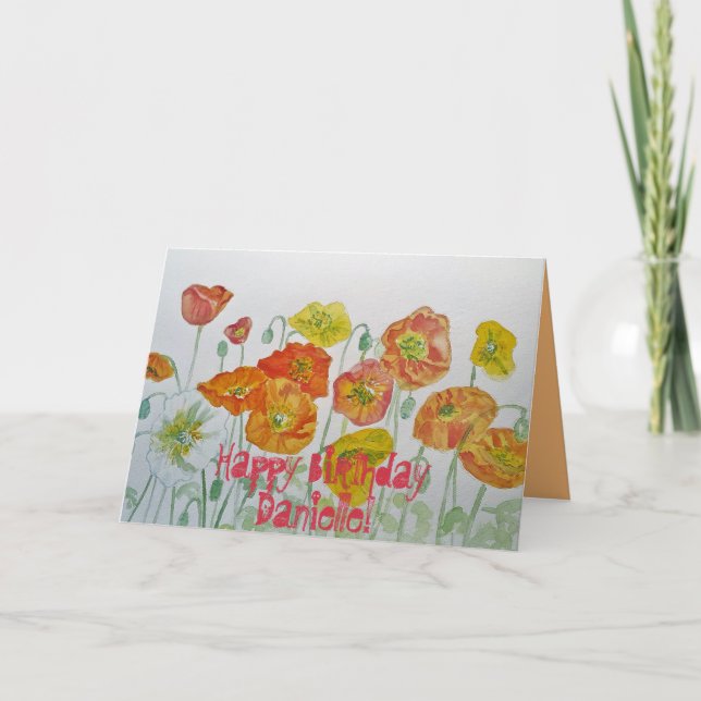 Naranja Poppies Watercolor Tarjeta de cumpleaños f (Anverso)