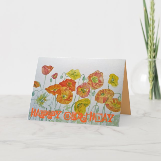 Naranja Poppies Watercolor Tarjeta de cumpleaños f (Anverso)