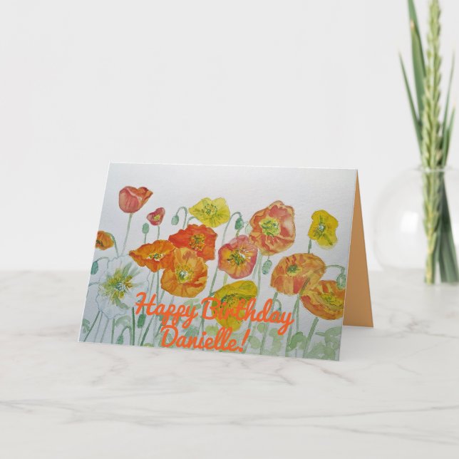 Naranja Poppies Watercolor Tarjeta de cumpleaños f (Anverso)