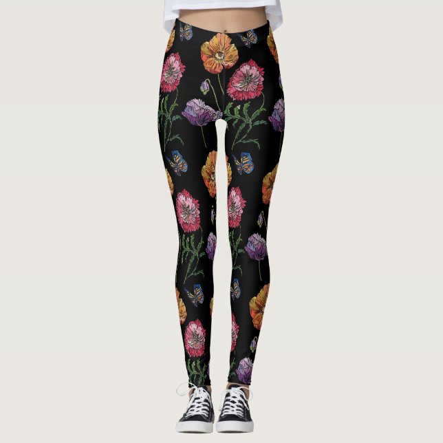 Naranja Poppy Black Floral Watercolor Leggings (Anverso)