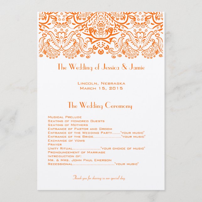 Naranja Programa de Boda de Aves Amores Whimisical (Anverso)
