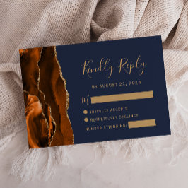 Naranja quemado Agate Gold Navy Blue Wedding RSVP