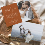 Naranja quemado Boda Gracias Cartas Volador<br><div class="desc">Boda de presupuesto Gracias Tarjetas que tienen una foto en el frente y en la parte de atrás. Las tarjetas de agradecimiento contienen una moderna tipografía de escritura cursiva con letras a mano que son elegantes,  simples y modernas para usar después de la celebración del día de la boda.</div>
