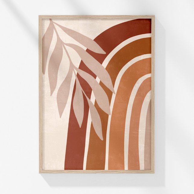 Naranja quemado en Terracota Resumen arte en el mu (Boho Muted Neutral Abstract Rainbow and Leaves Art Poster in a wooden frame on a sunny white wall.)