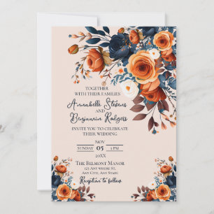 Naranja quemado rústico y invitación a la boda azu