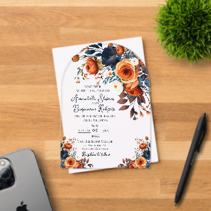 Naranja quemado rústico y invitación a la boda azu
