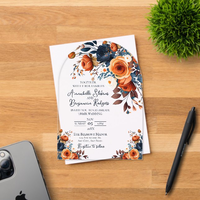 Naranja quemado rústico y invitación a la boda azu (Insitu (Tarjeta de Invitación))