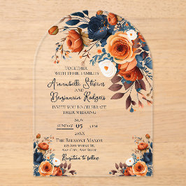 Naranja quemado rústico y invitación a la boda azu