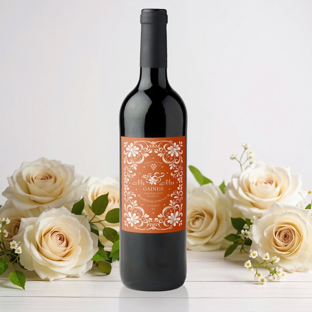 Naranja quemado Shabby Chic Boda Etiqueta de vino (Subido por el creador)