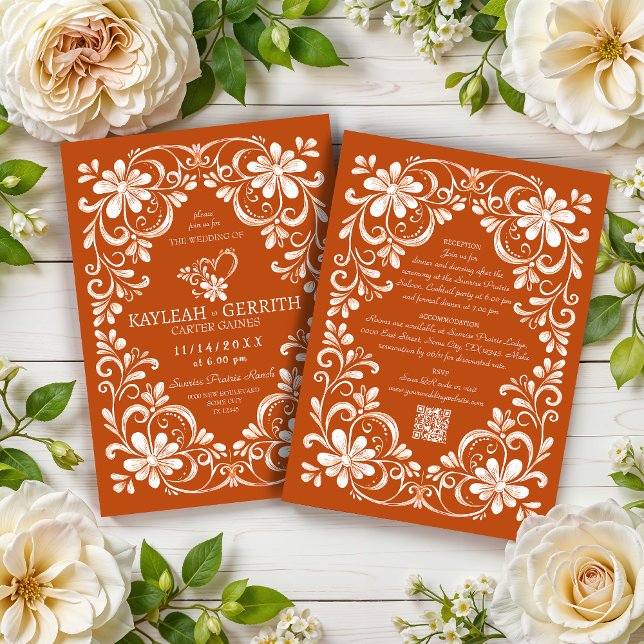 Naranja quemado Shabby Chic QR Invitación a la bod (Subido por el creador)