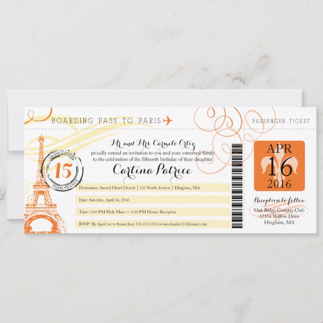 Naranja Quinceanera y tarjeta de embarque amarilla (Anverso)