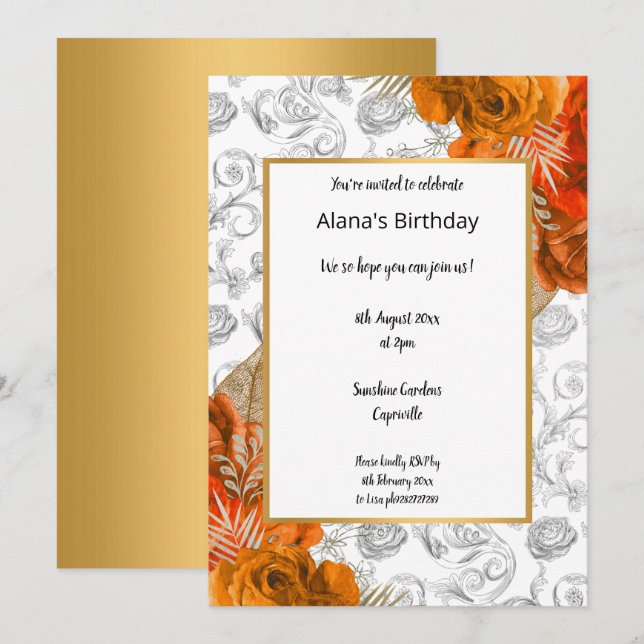 Naranja Red Gold Floral Elegante invitación de cum (Anverso / Reverso)