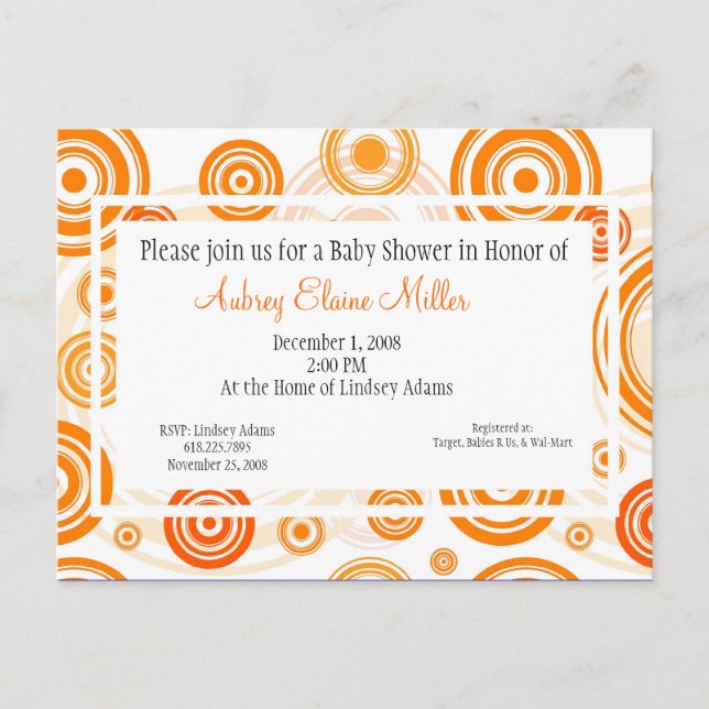 Naranja Retro apunta a la invitación de Baby Showe (Anverso)