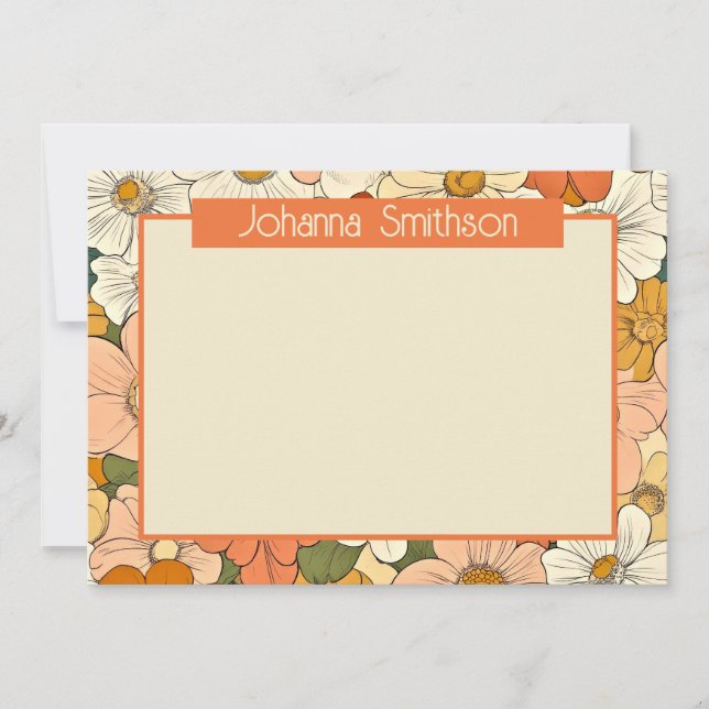 Naranja retro Floral 5x7 Tarjeta de texto horizont (Anverso)