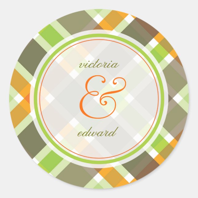 Naranja retro  Green Plaid Checks Boda Pegatina (Anverso)