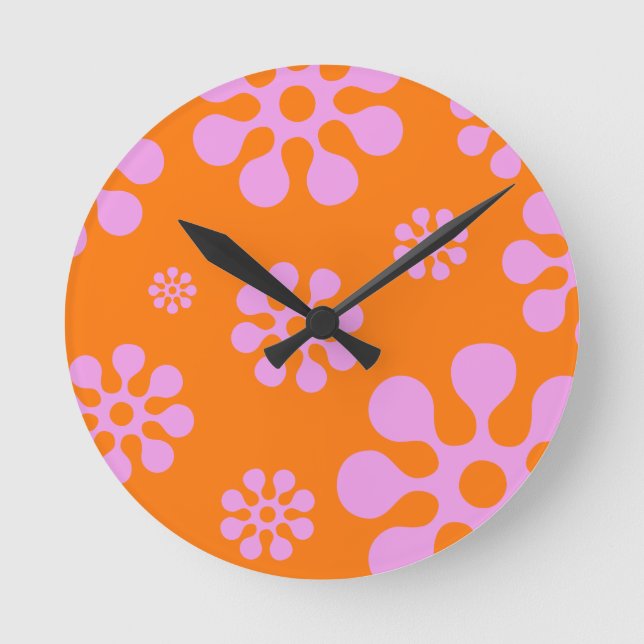 Naranja Retro Y Reloj De Pared Floral Rosa (Anverso)