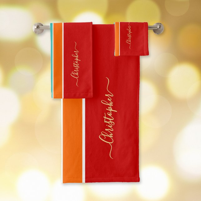 Naranja Rojo Carreras Verde azulada Bandas Faux Go (Red Orange Teal Racing Stripes Faux Gold Monogram Bath Towel Set)