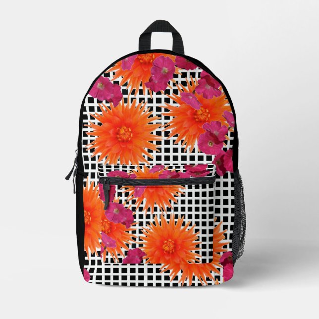 Naranja rosa floral Mochila de verificación blanca