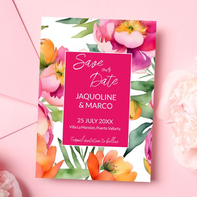 Naranja rosa negrita plantilla de boda de flores d (Bold pink orange summer flowers wedding template save the date card magenta hot pink floral card)