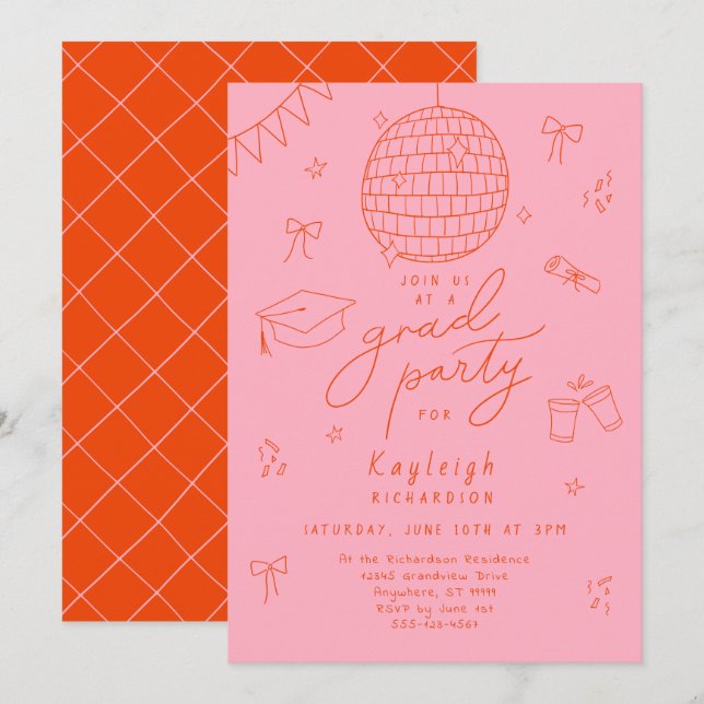 Naranja Rosa Retro Invitación a Grad Party (Anverso / Reverso)