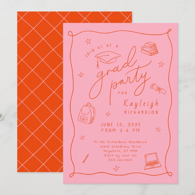 Naranja Rosa Retro Invitación a Grad Party (Anverso / Reverso)
