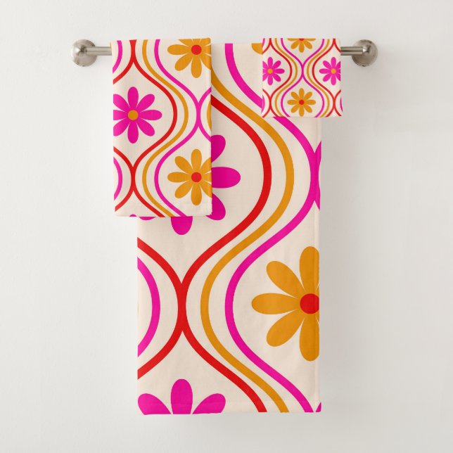 Naranja rosa rojo retro florece sobre el patrón de (In situ)