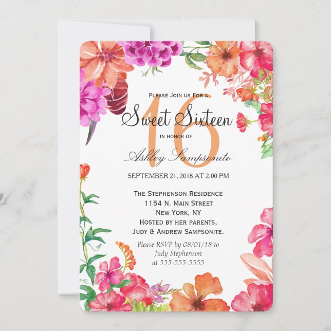 Naranja Rosa Watercolor Garden Sweet 16 Invitacion (Anverso)