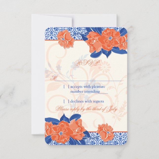 Naranja Royal Blue Floral Wedding Respuesta RSVP (Anverso)