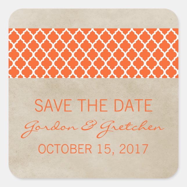 Naranja Rustic Quatrefoil Save the Date Pegatinas (Anverso)