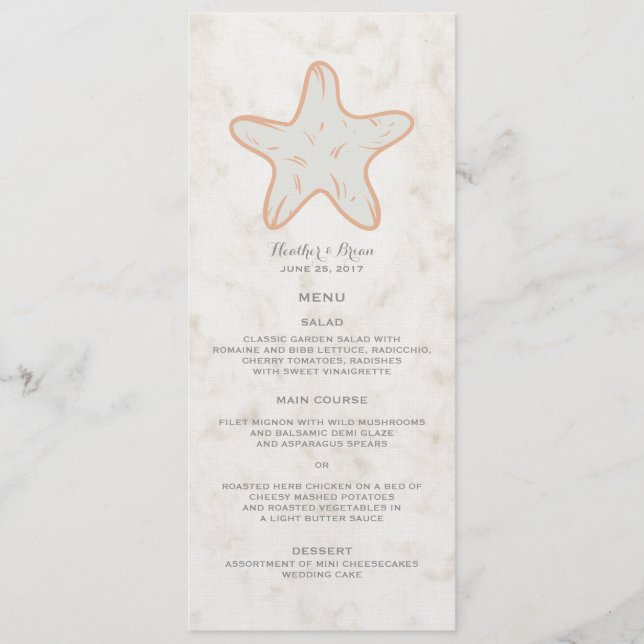 Naranja Rustic Starfish Boda Menú (Anverso)