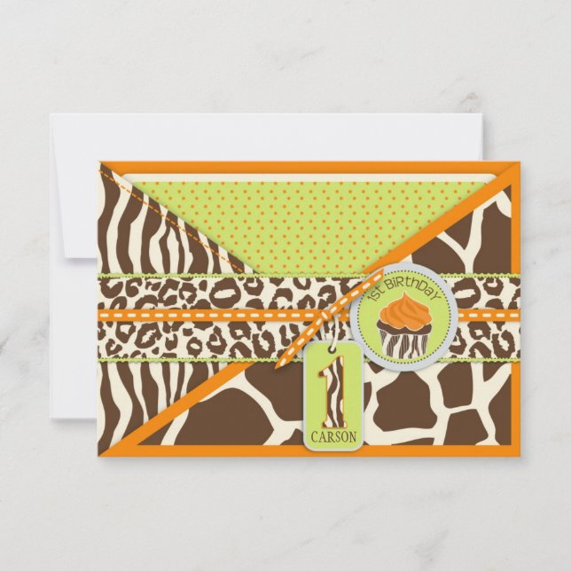 Naranja Safari y pastel Primer Cumpleaños RSVP (Anverso)