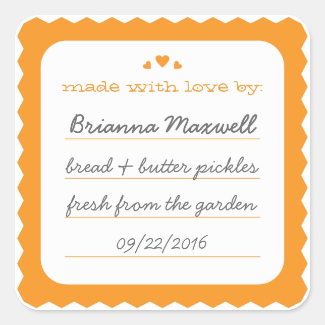 Naranja Scallop Hearts Jar Label Pegatina cuadrado (Anverso)