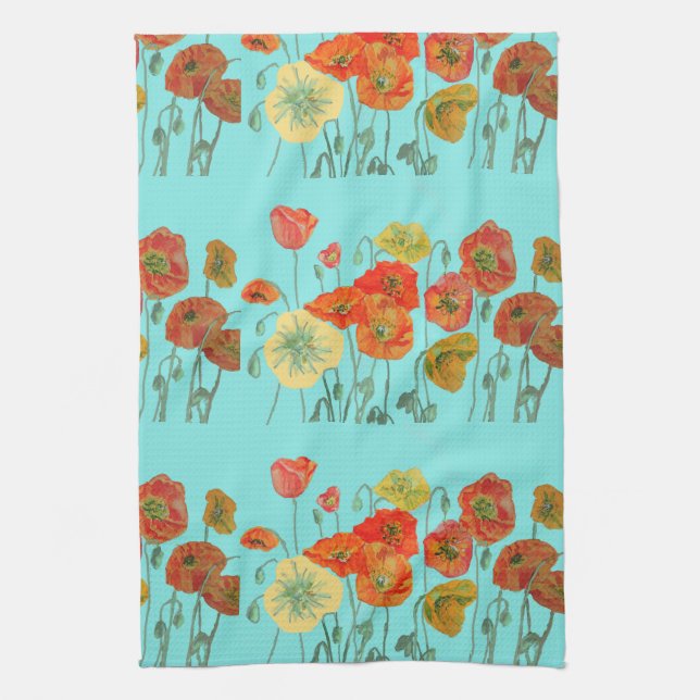 Naranja Shabby Poppy Watercolor Tea Toalla Aqua (Vertical)